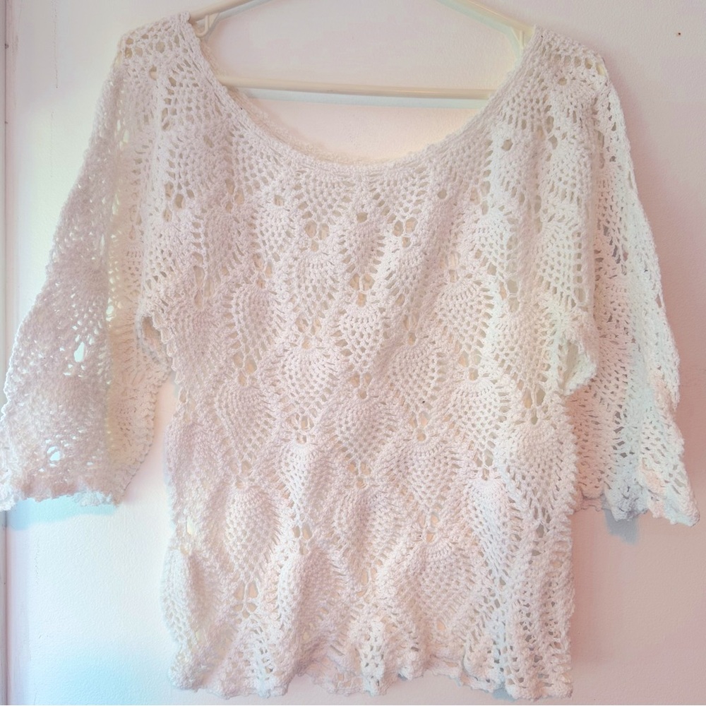 Beautifully Crafted Handmade White Cotton Crochet Knit Top
